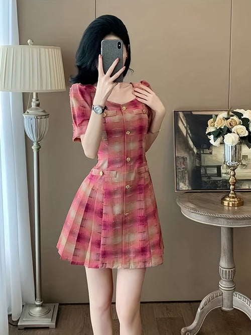 Elegant French-Inspired A-Line Dress for Women - Chic Sweetheart Collar, Geometric Pattern, Square Neck, Knee-Length, Perfect for Spring\u002FSummer\u002FFall, Ideal for Petite Figures, A-Line Silhouette | Frenchinspired Design | Fabric