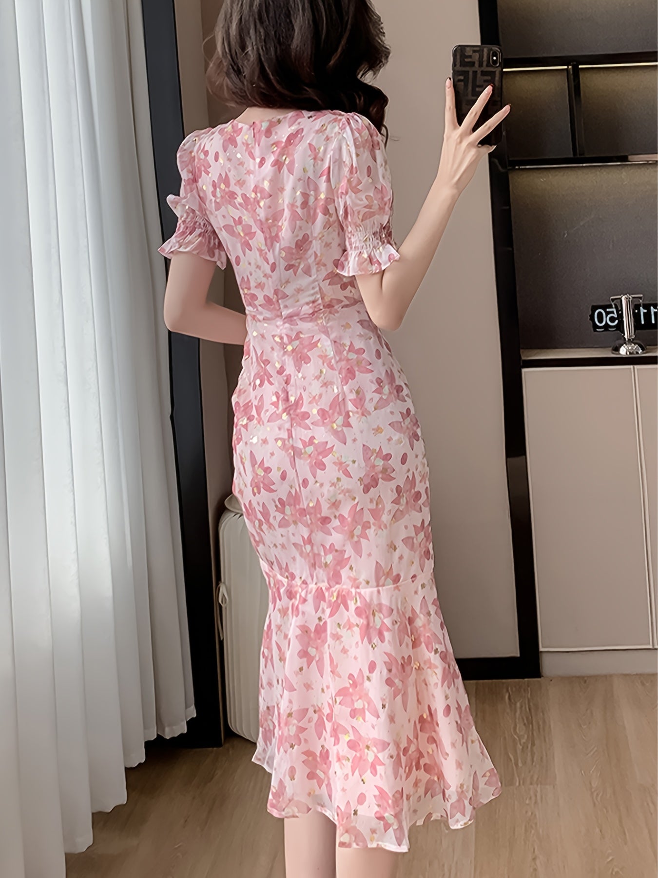 Women's Elegant Floral Short-Sleeve Chiffon Maxi Dress
