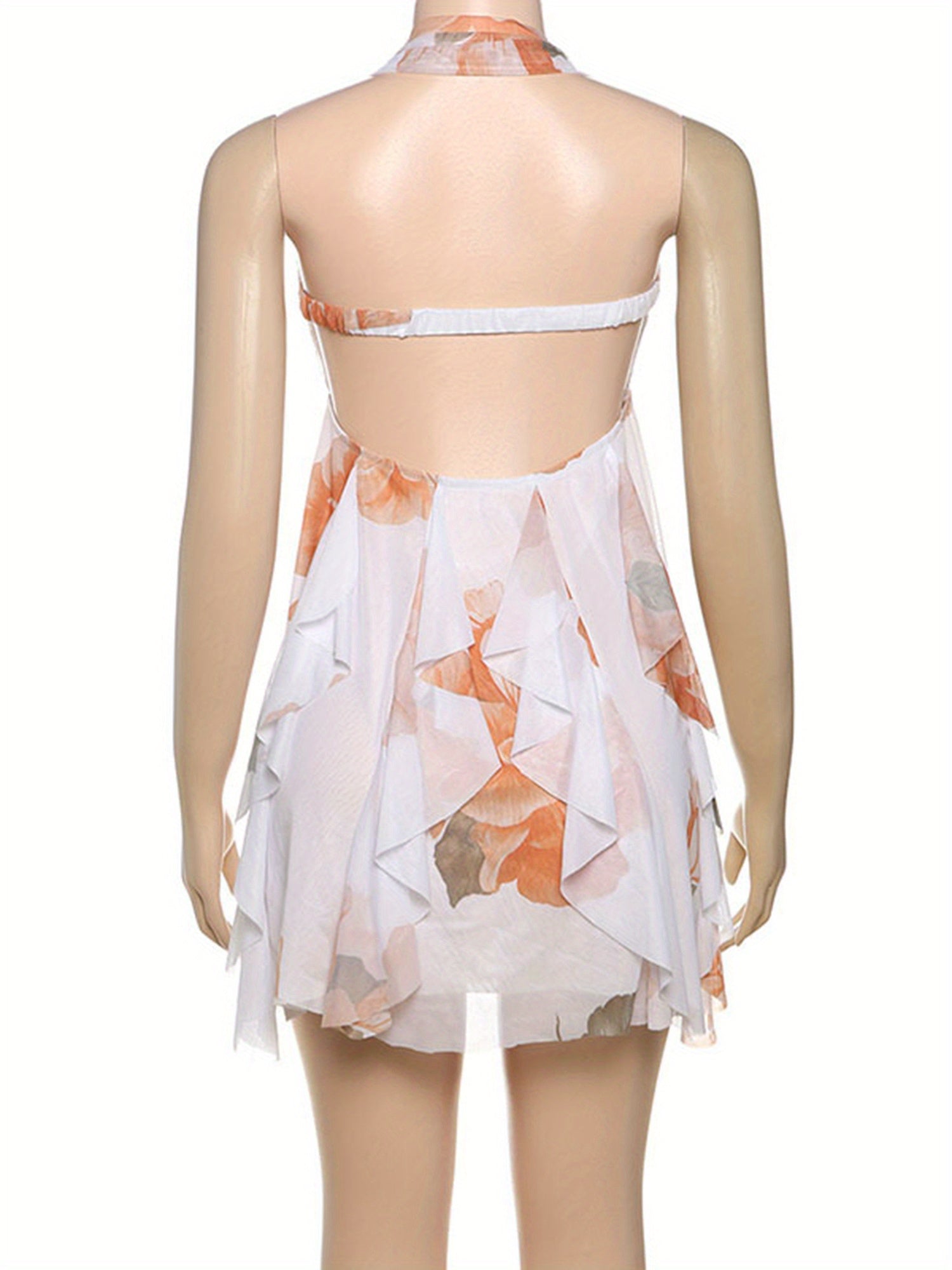 Floral Halter Mini Dress for Women Summer Fashionable Sleeveless Backless Flowy Short Dress