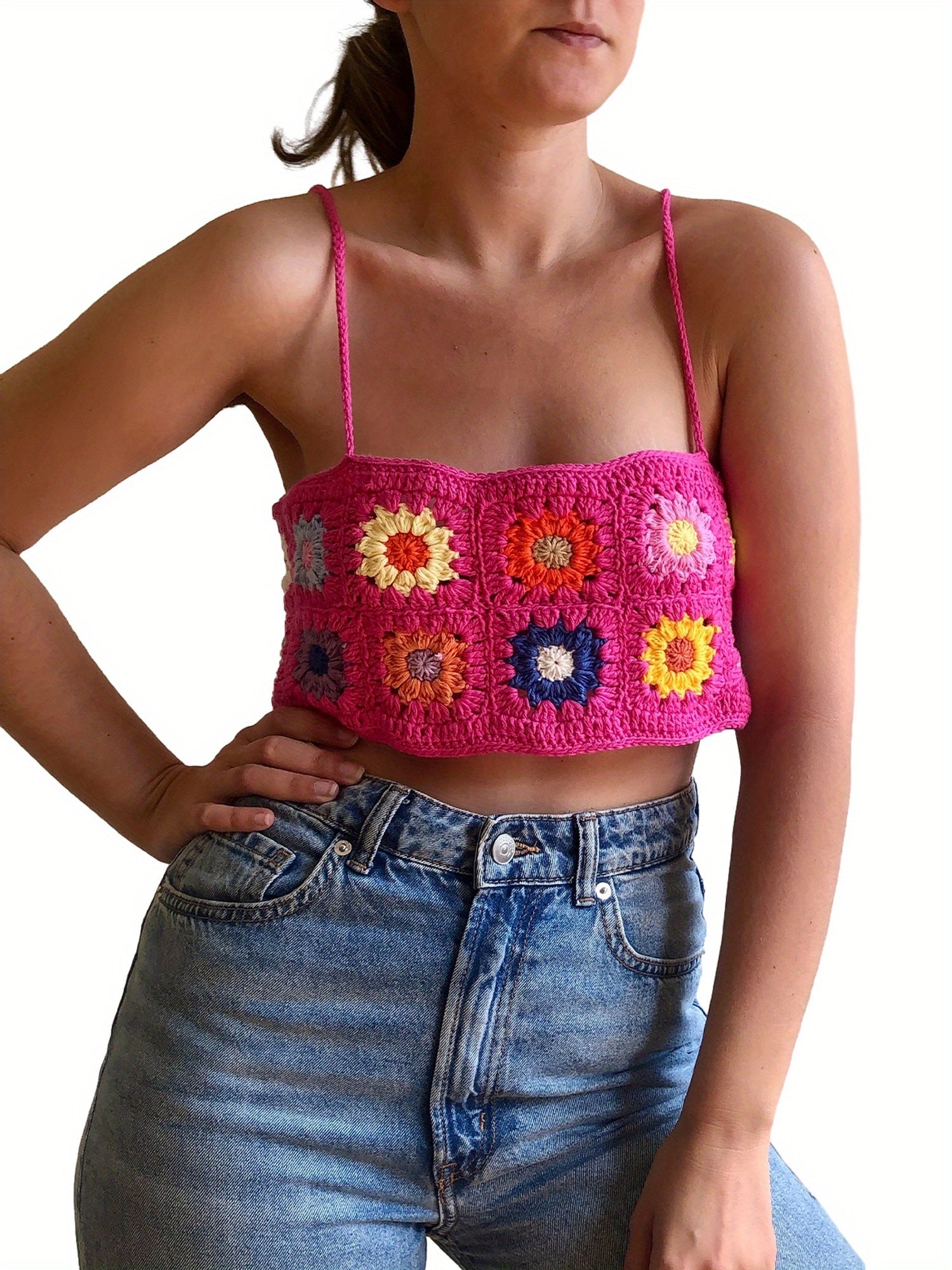 Women's Floral Print Knit Camisole Top - Backless Spaghetti Strap Semi-Sheer Summer Clubwear, Machine Washable Sexy Party & Casual Tops, Crochet Texture