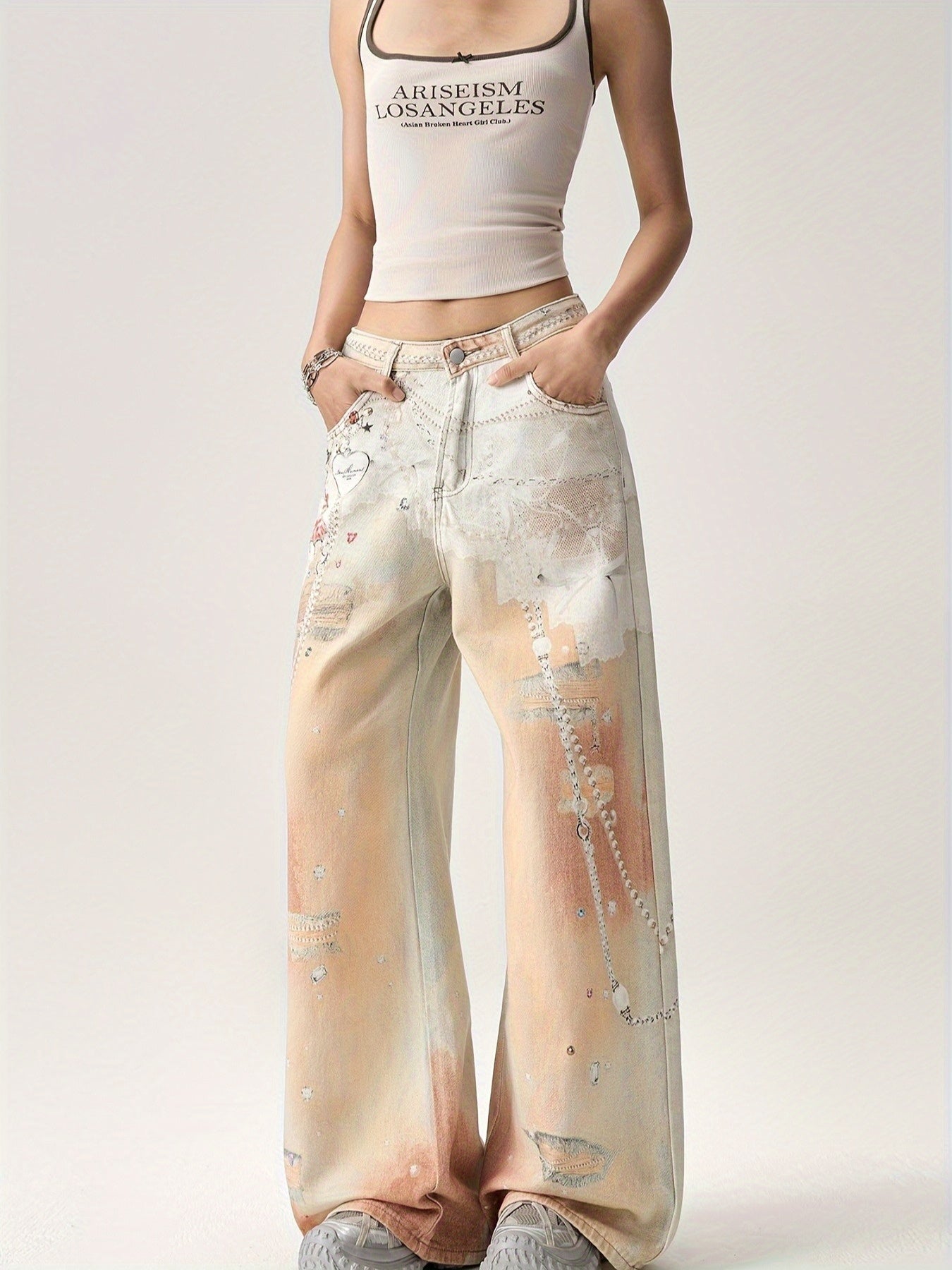 Women'S Retro Wide Leg Jeans with Star & Heart Print - Light Beige, Loose Fit, Non-Stretch Fabric, Casual Summer Style, All-Season Comfort, Comfortable Fashion | Vintage Style Jeans | Nonstretch Fabric