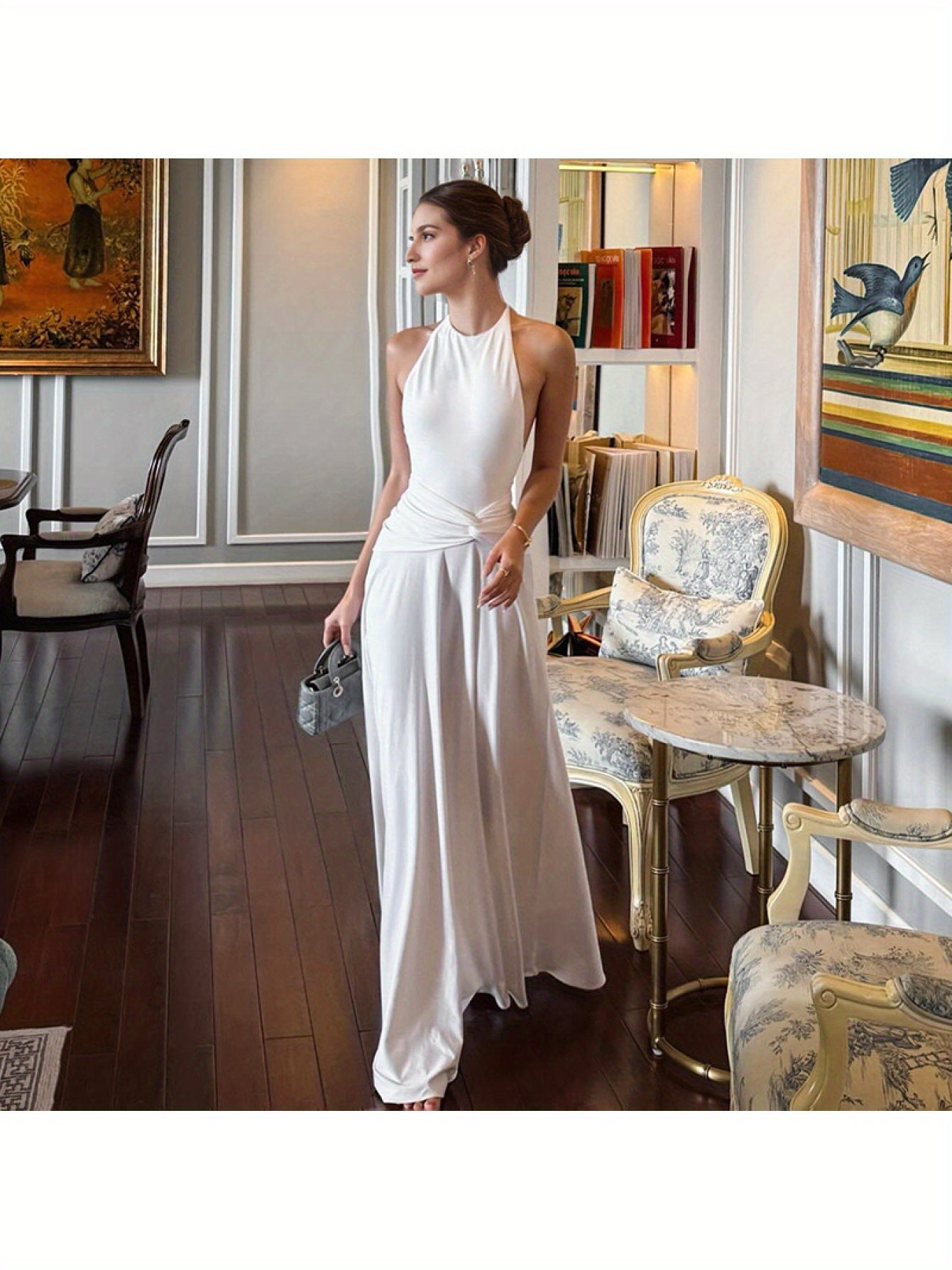 Elegant Women'S Halter Neck Backless Ruched Waist Dress - Sleeveless, Long Flowing Skirt, Solid Color, Perfect for Spring\u002FSummer\u002FFall, Formal Event Attire, Formal Event Dress | Sleeveless Fashion | Ruched Waist Design, Cute Dresses