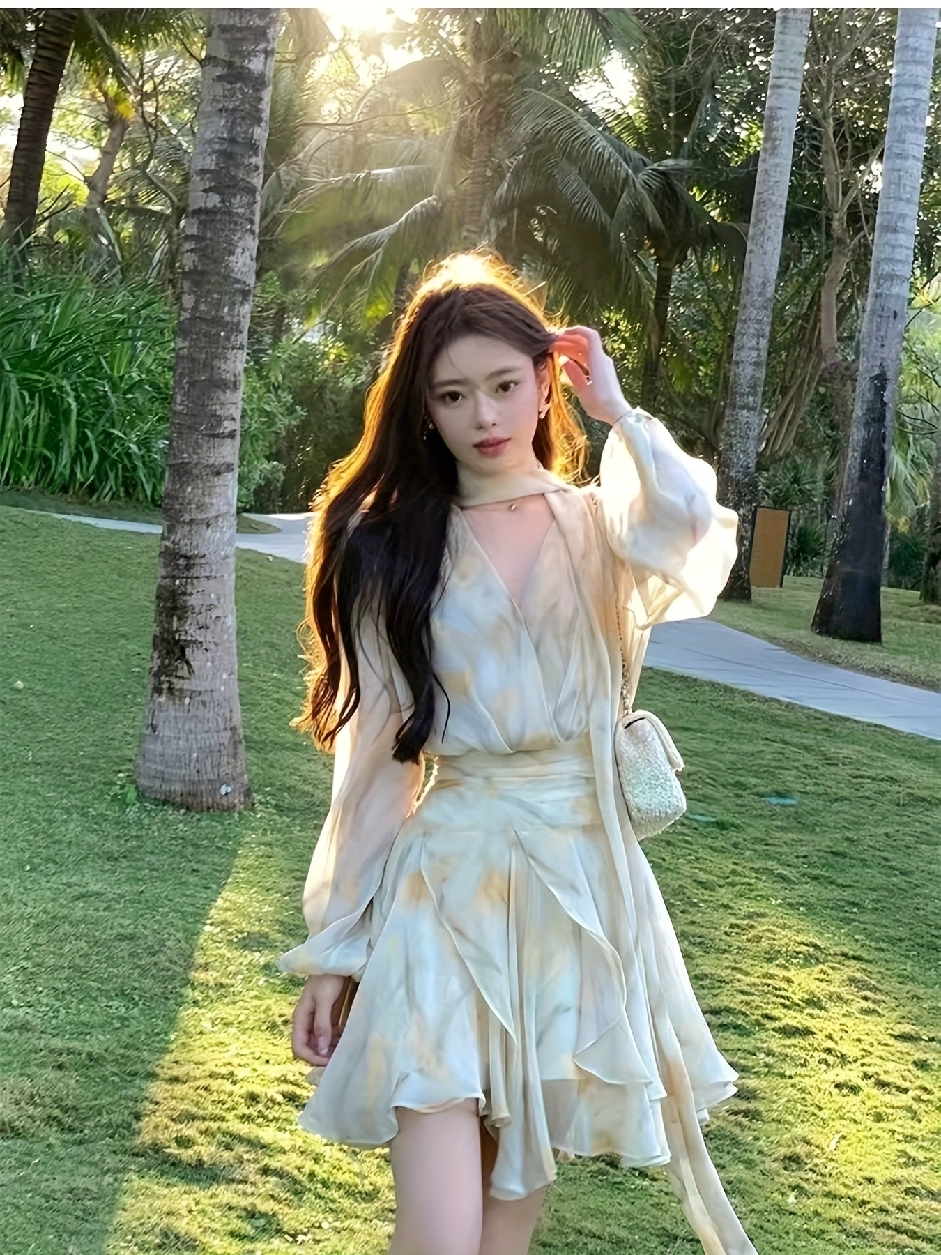 Elegant V-Neck Chiffon Dress with Puff Sleeves & Ruffled Hem - Long Sleeve, Tie-Waist, Floral Print, Ruffled Detail, Perfect for Spring\u002FFall, Adult Women'S Fashion, Casual Elegant Wear | Vneck Dress | Chiffon Fabric