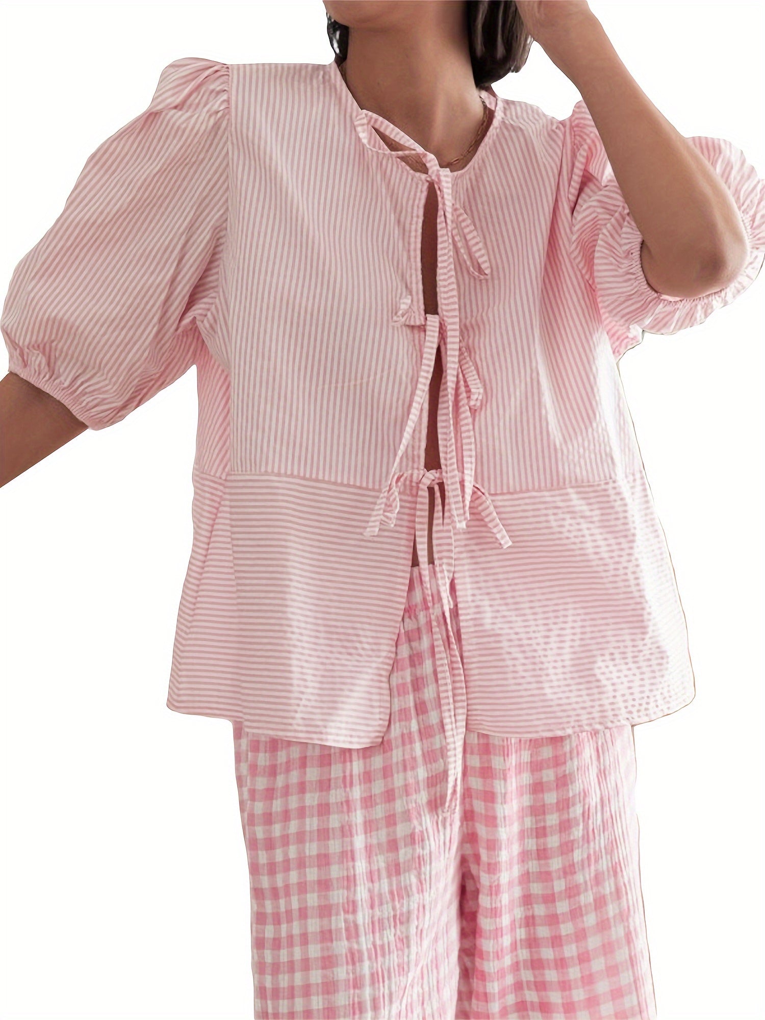 Women Summer Basic T-Shirt Casual Striped Print Tie Front Short Sleeve Tops for Streetwear Aesthetic Grunge Clothes