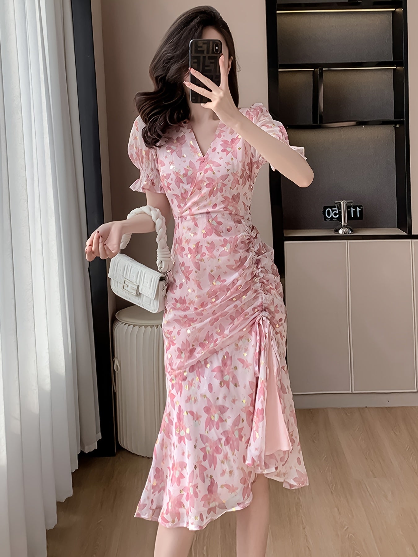 Women's Elegant Floral Short-Sleeve Chiffon Maxi Dress