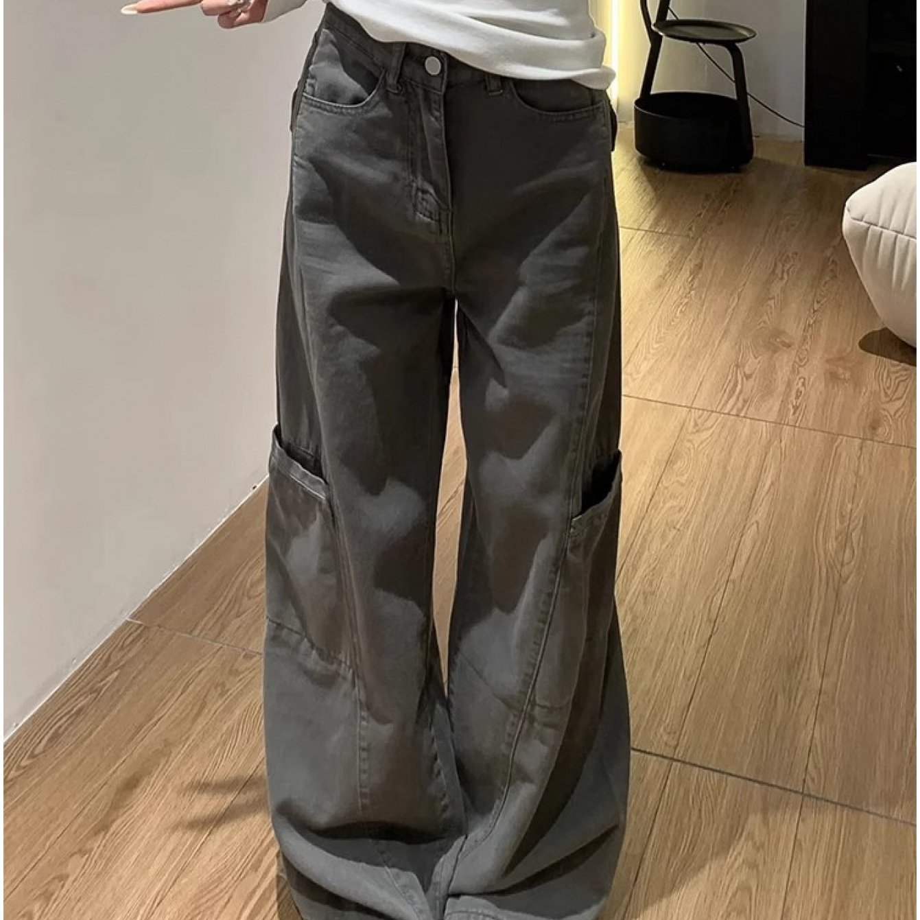 Gray Wide-Leg Cargo Pants for Women, Summer New Style, Plus Size, Loose Fit, Pear-Shaped Body, Straight-Leg Jeans