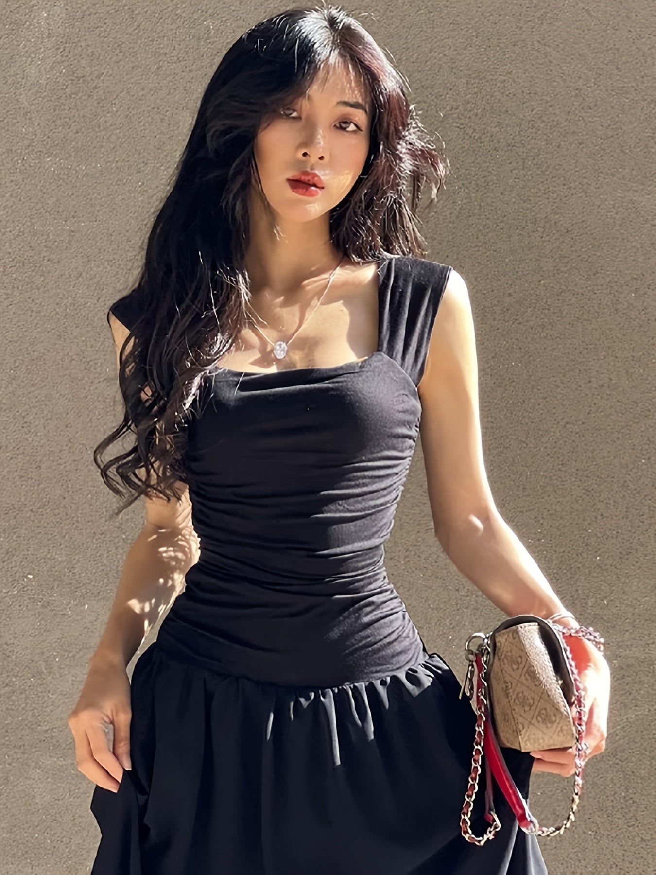 -American Style Summer Dress - Tulle Spaghetti Strap Square Neckline, Cinched Waist & Pleated Flared Skirt, Casual Solid Color Machine Washable, Occasion Dress, Cinched Waist Dress, Stylish Pleats