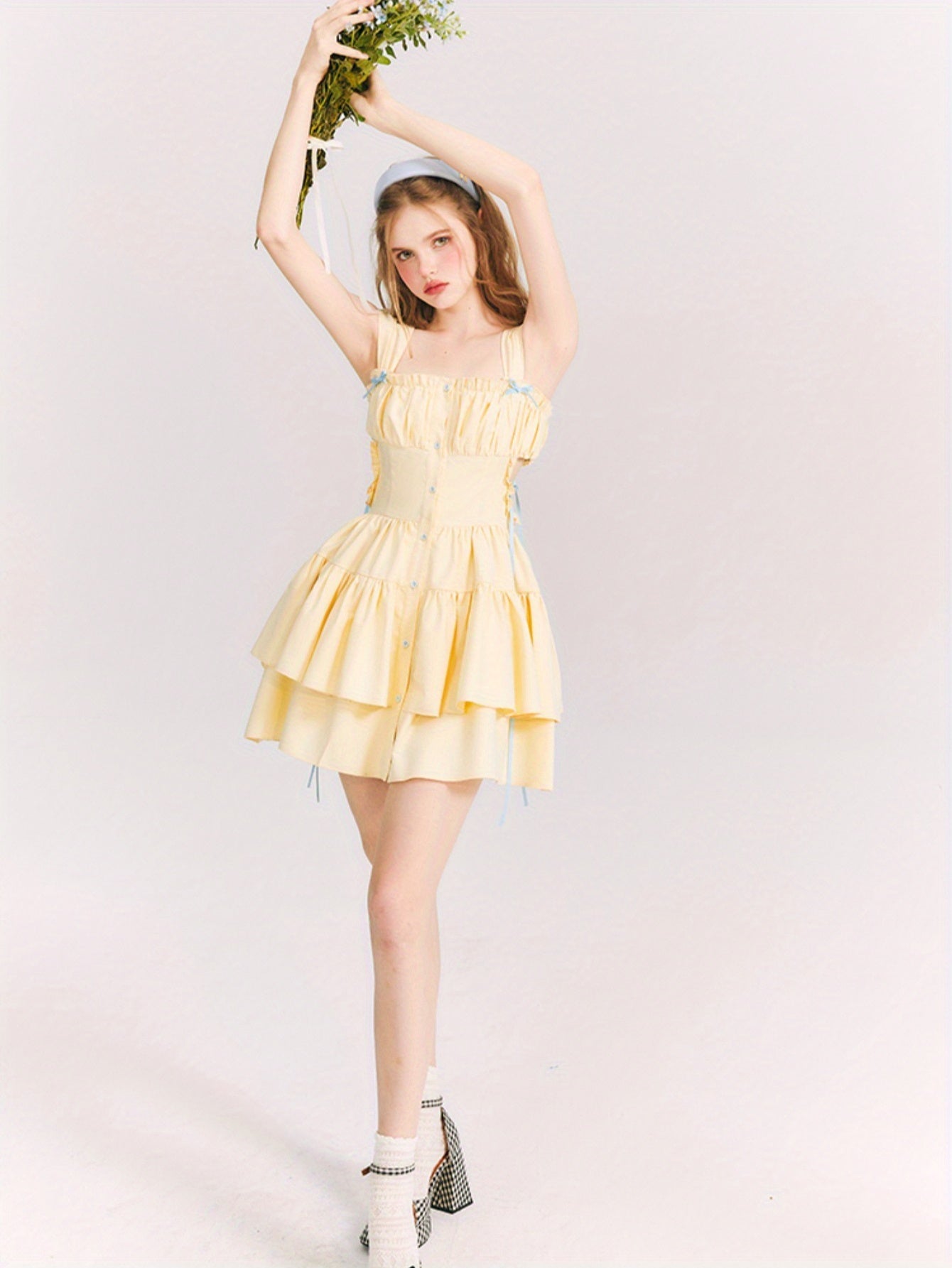 Los Angeles Dopamine Yellow Bow Princess Dress with Ruffled Skirt and Lace Detail - Sleeveless Mini Dress for Women, Perfect for All Seasons, Elegant and Chic Style, Cute Dress