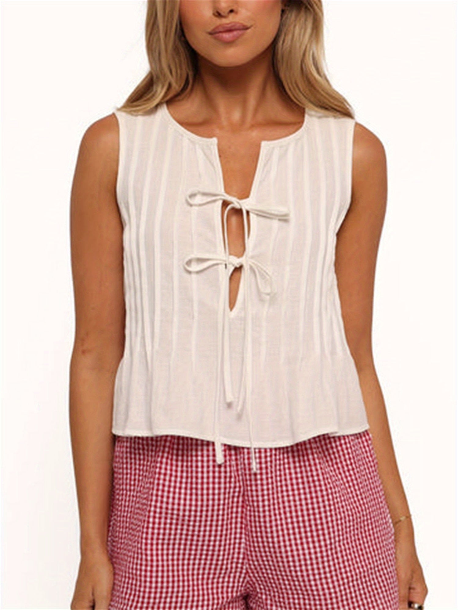 Women Pleated Tank Tops Casual Summer Split V-Neck Tie Front Sleeveless Shirt Aesthetic Clothes for Streetwear