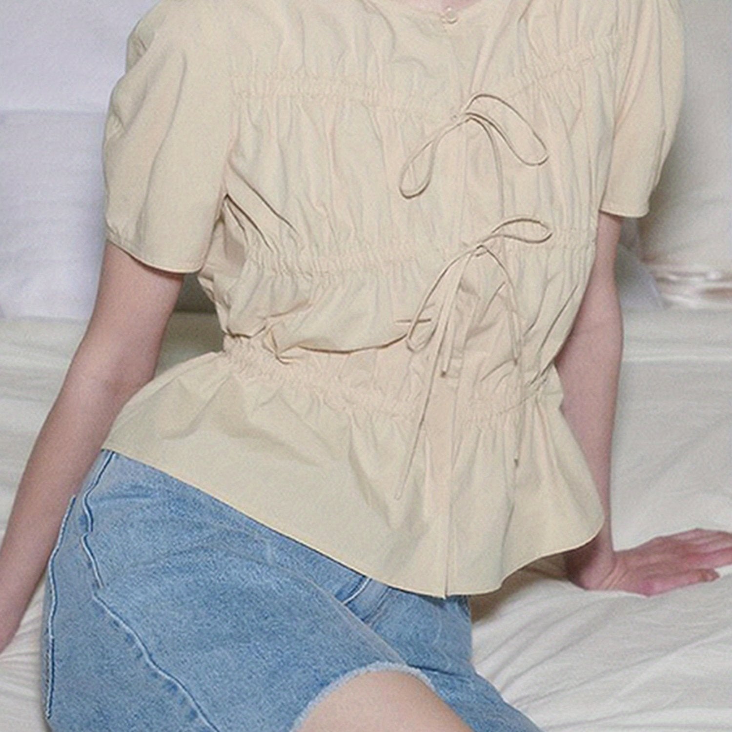 Women'S Summer Peplum Tops Short Sleeve O Neck Tie Front Solid Color Ruched Babydoll Tops