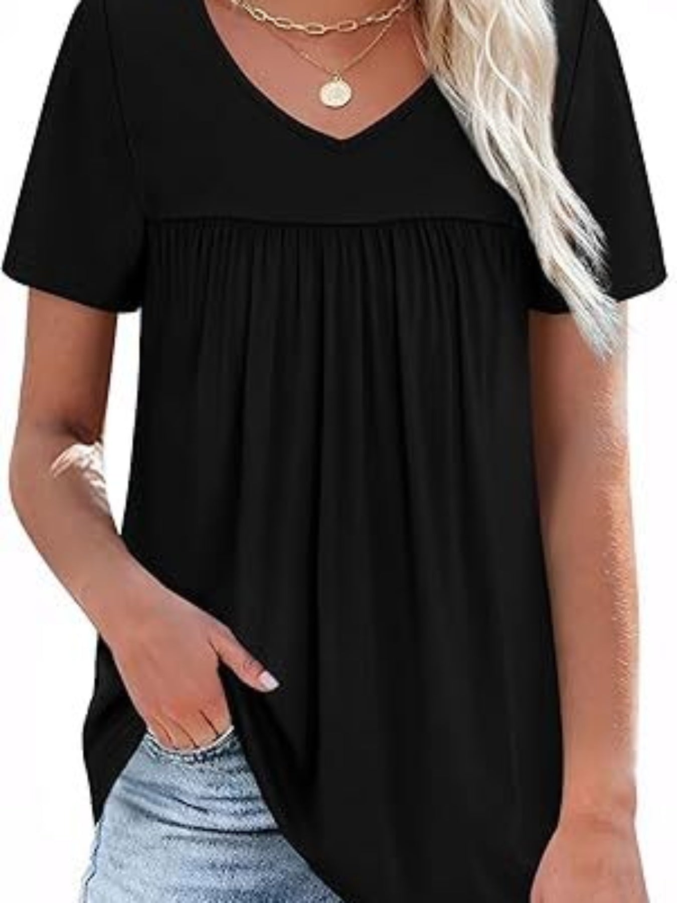 Women's Summer Casual Oversized Tops Short Sleeve V Neck Solid Color Loose Fit T-shirt
