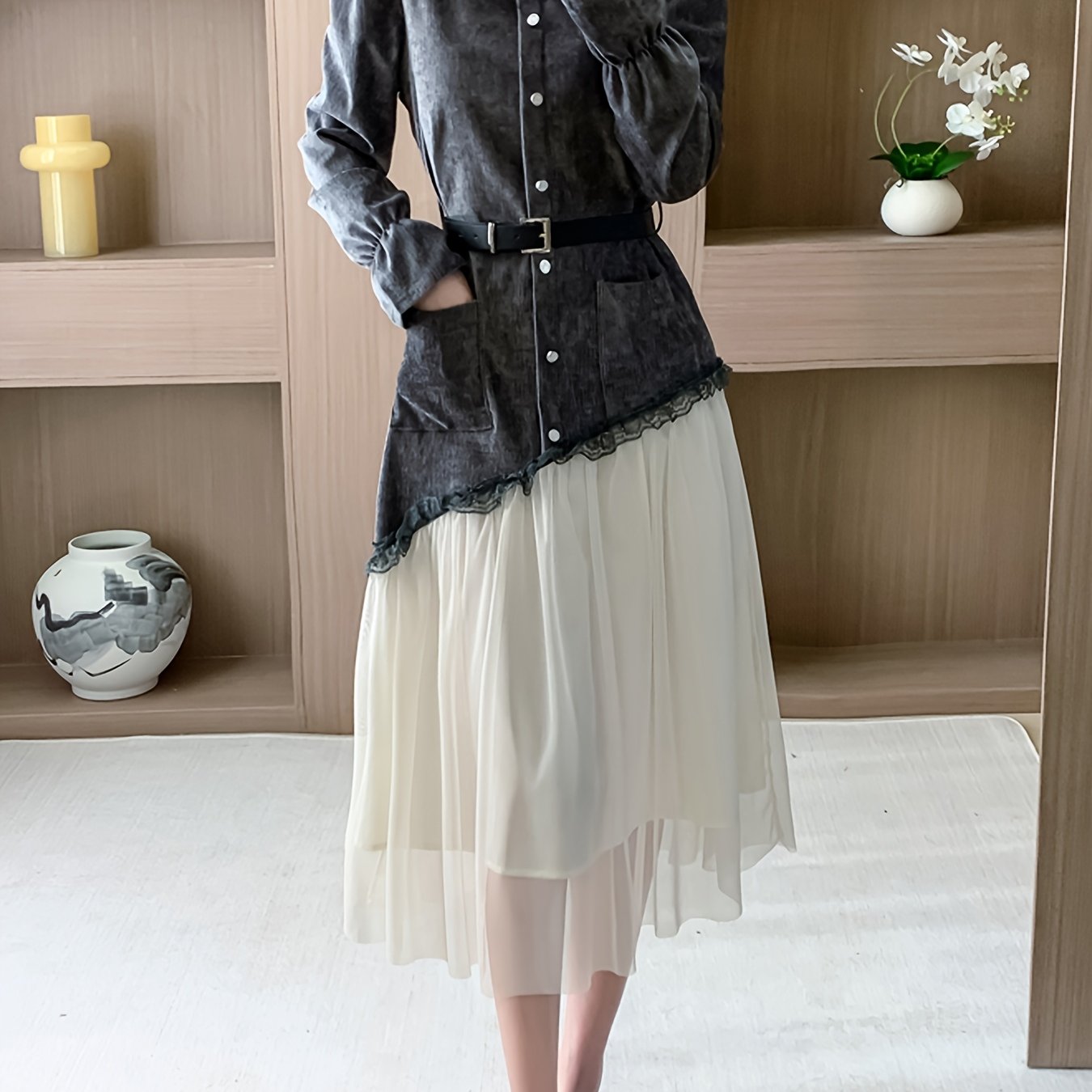 Women'S Stylish And Elegant Two-Piece Dress with Pockets, Long Sleeves, And a Belt Included.