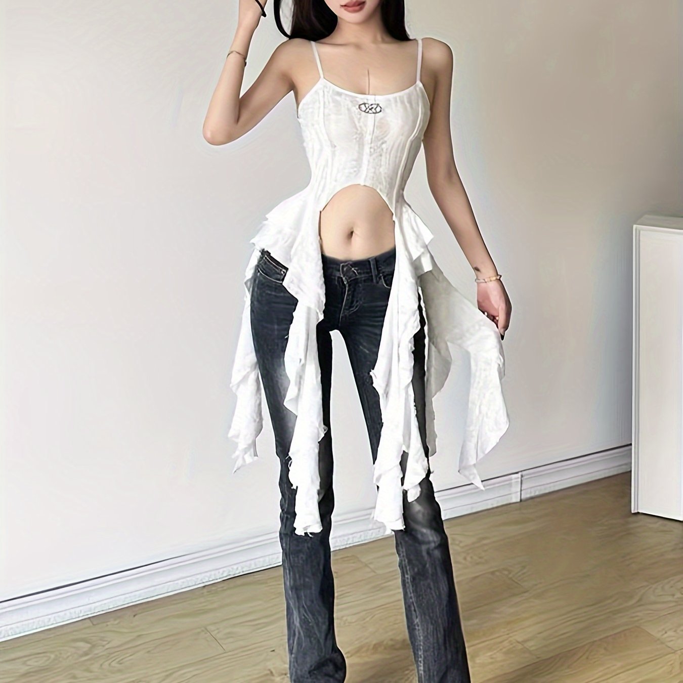 Y2K Women's Sleeveless Backless Camisole Tank Top with Ripped Metal Decor & Ruffled Hem - Solid Color Summer Vest, Machine Washable, Trendy Outfit | Decorative Metalwork | Denim Wash Fabric, Ladies Tank Tops