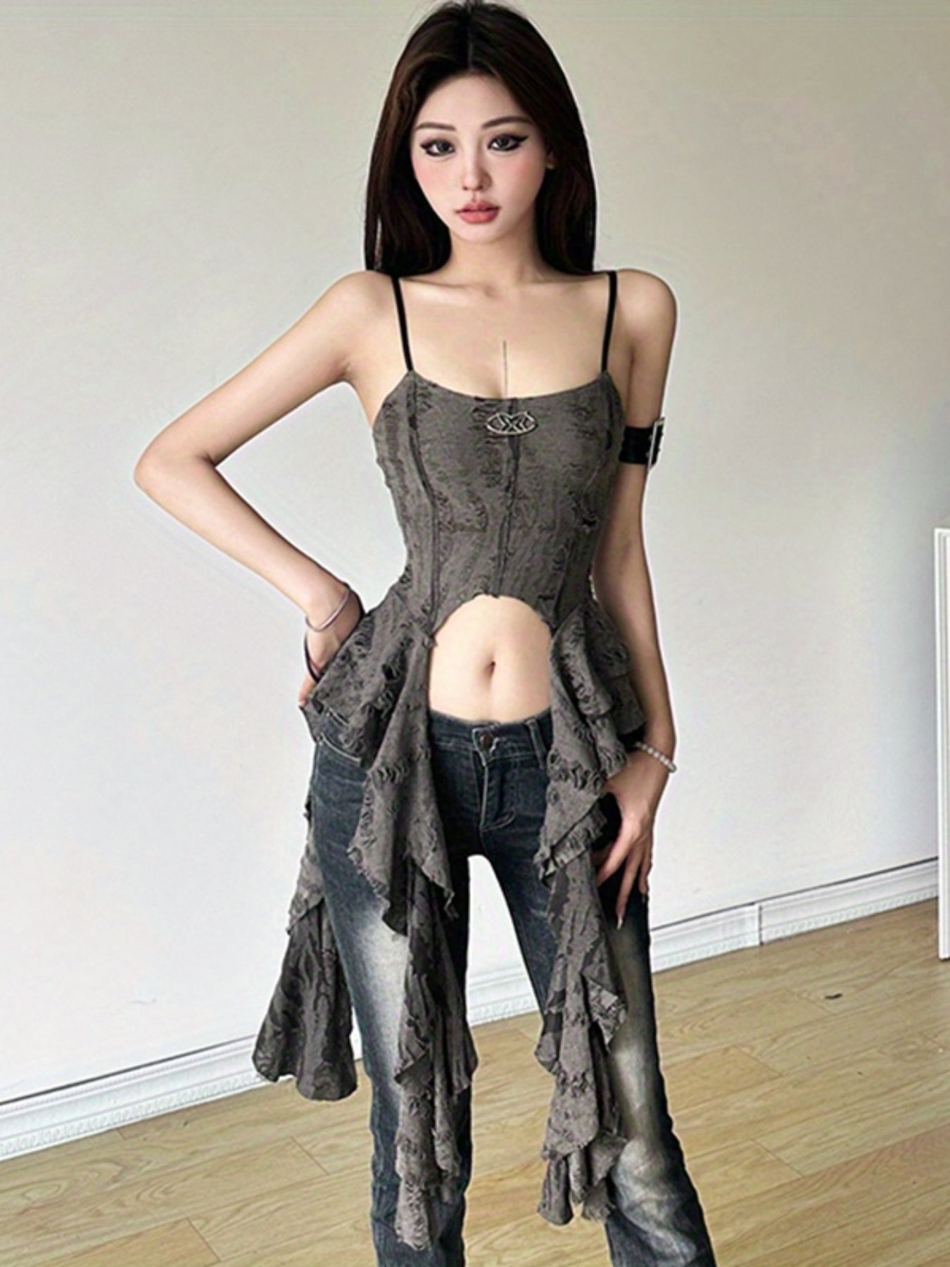 Y2K Women's Sleeveless Backless Camisole Tank Top with Ripped Metal Decor & Ruffled Hem - Solid Color Summer Vest, Machine Washable, Trendy Outfit | Decorative Metalwork | Denim Wash Fabric, Ladies Tank Tops