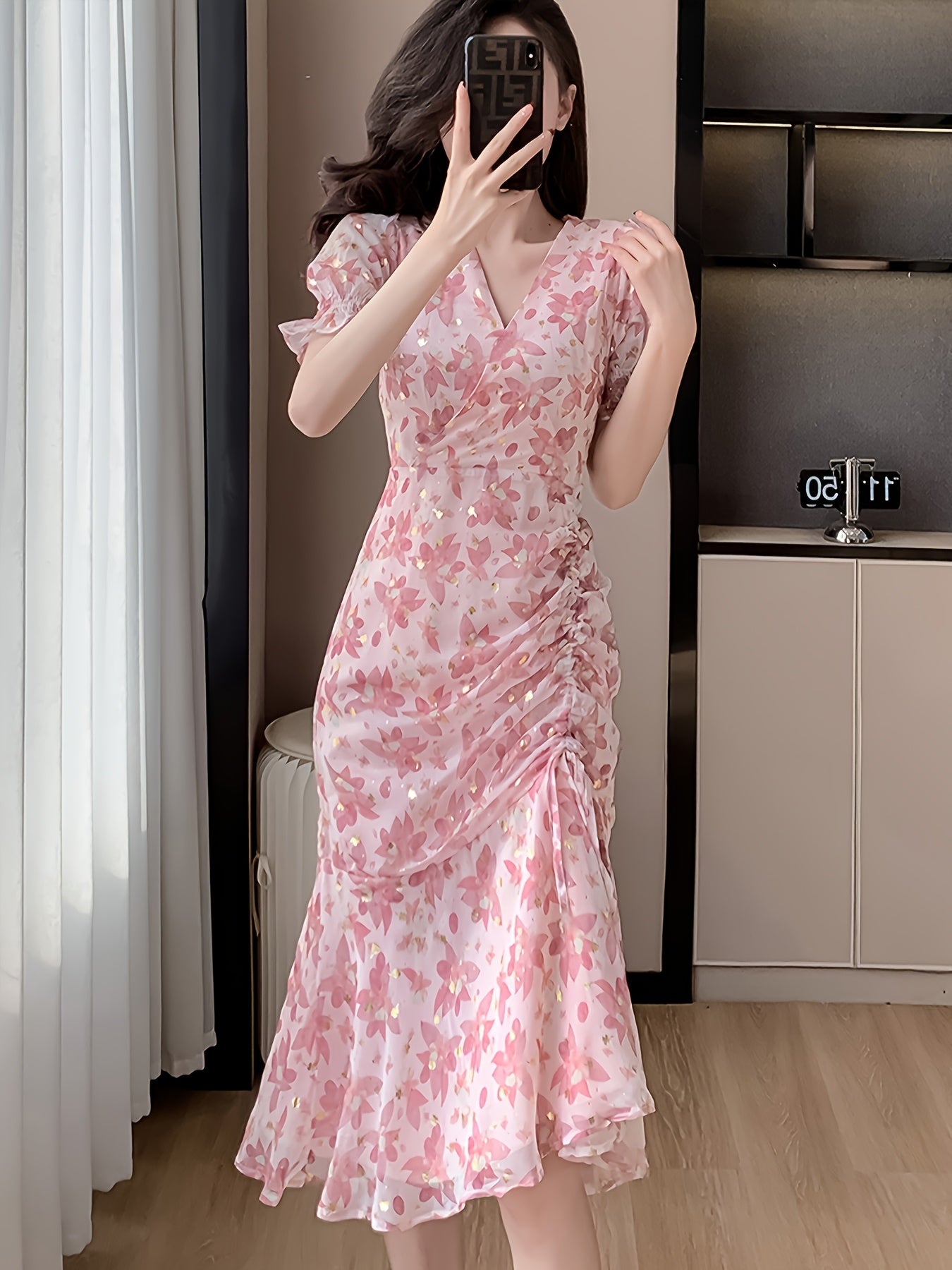 Women's Elegant Floral Short-Sleeve Chiffon Maxi Dress