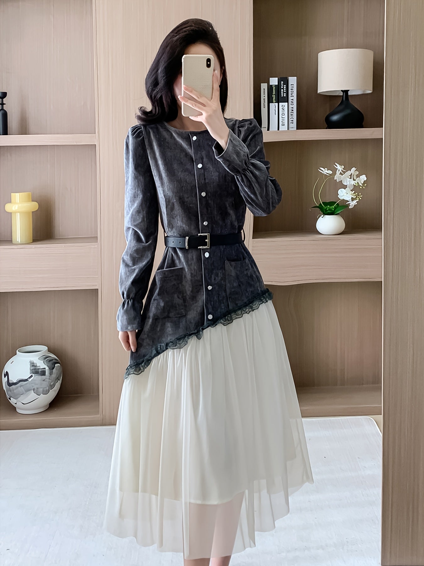 Women'S Stylish And Elegant Two-Piece Dress with Pockets, Long Sleeves, And a Belt Included.