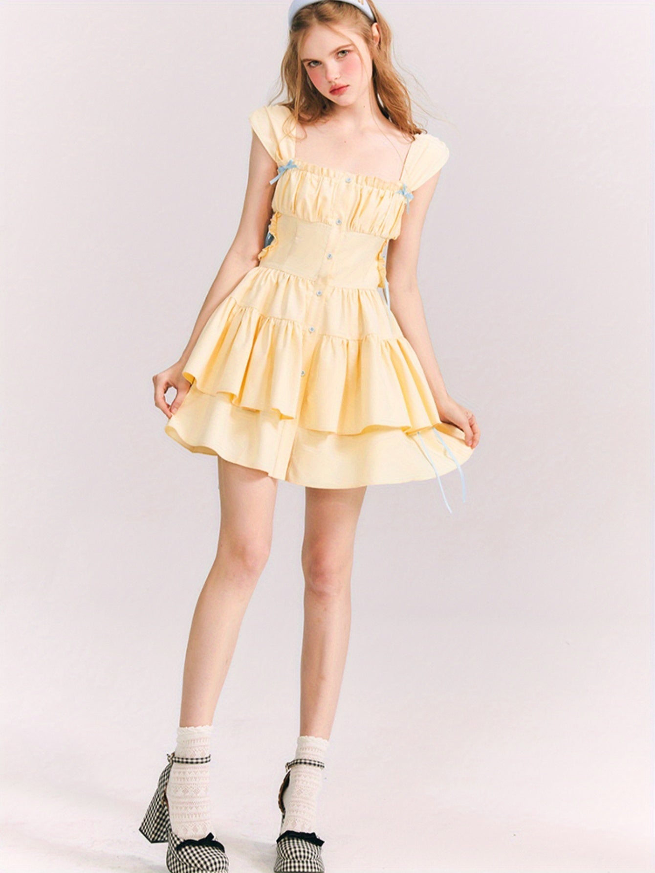 Los Angeles Dopamine Yellow Bow Princess Dress with Ruffled Skirt and Lace Detail - Sleeveless Mini Dress for Women, Perfect for All Seasons, Elegant and Chic Style, Cute Dress