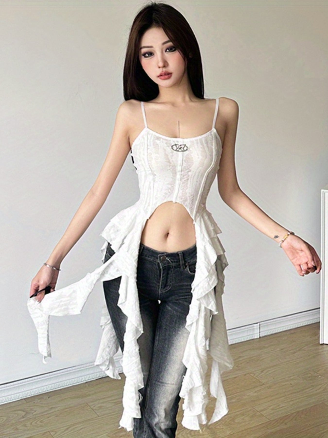 Y2K Women's Sleeveless Backless Camisole Tank Top with Ripped Metal Decor & Ruffled Hem - Solid Color Summer Vest, Machine Washable, Trendy Outfit | Decorative Metalwork | Denim Wash Fabric, Ladies Tank Tops