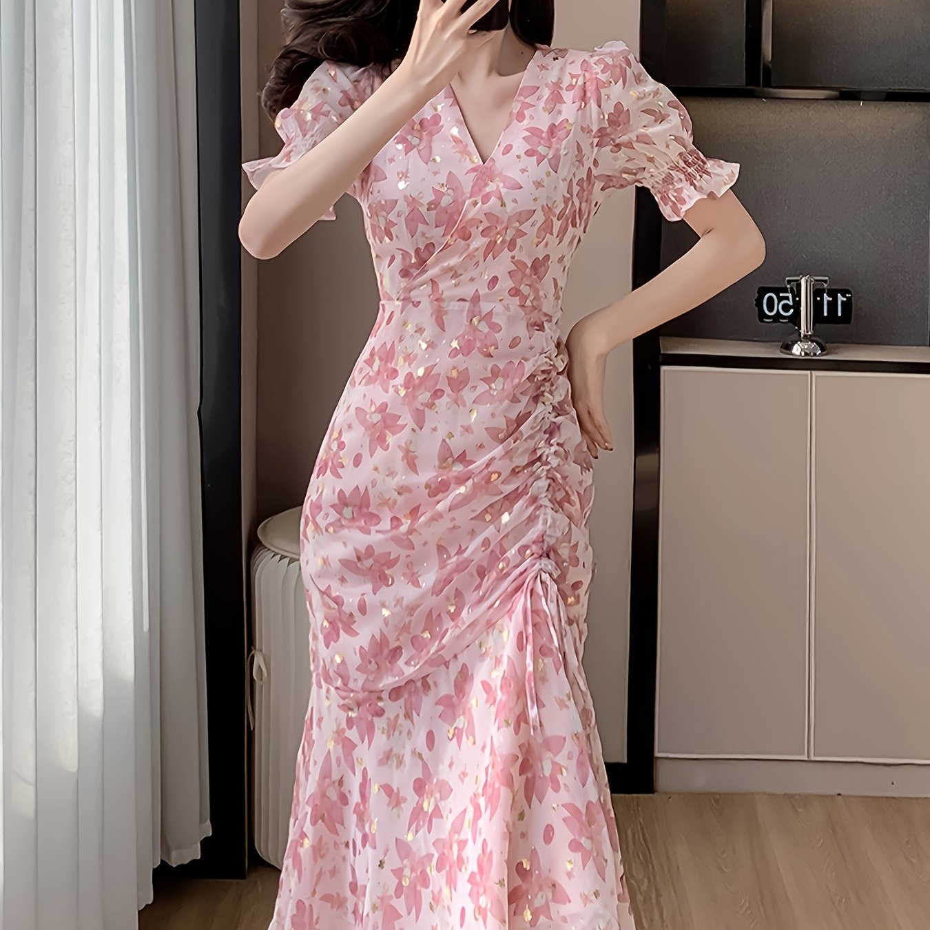 Women's Elegant Floral Short-Sleeve Chiffon Maxi Dress