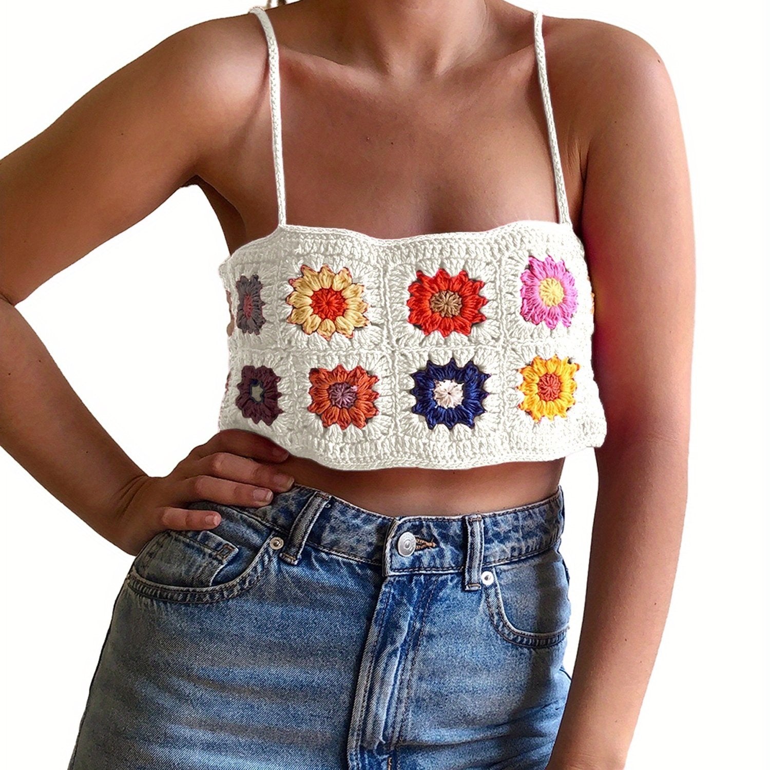 Women's Floral Print Knit Camisole Top - Backless Spaghetti Strap Semi-Sheer Summer Clubwear, Machine Washable Sexy Party & Casual Tops, Crochet Texture