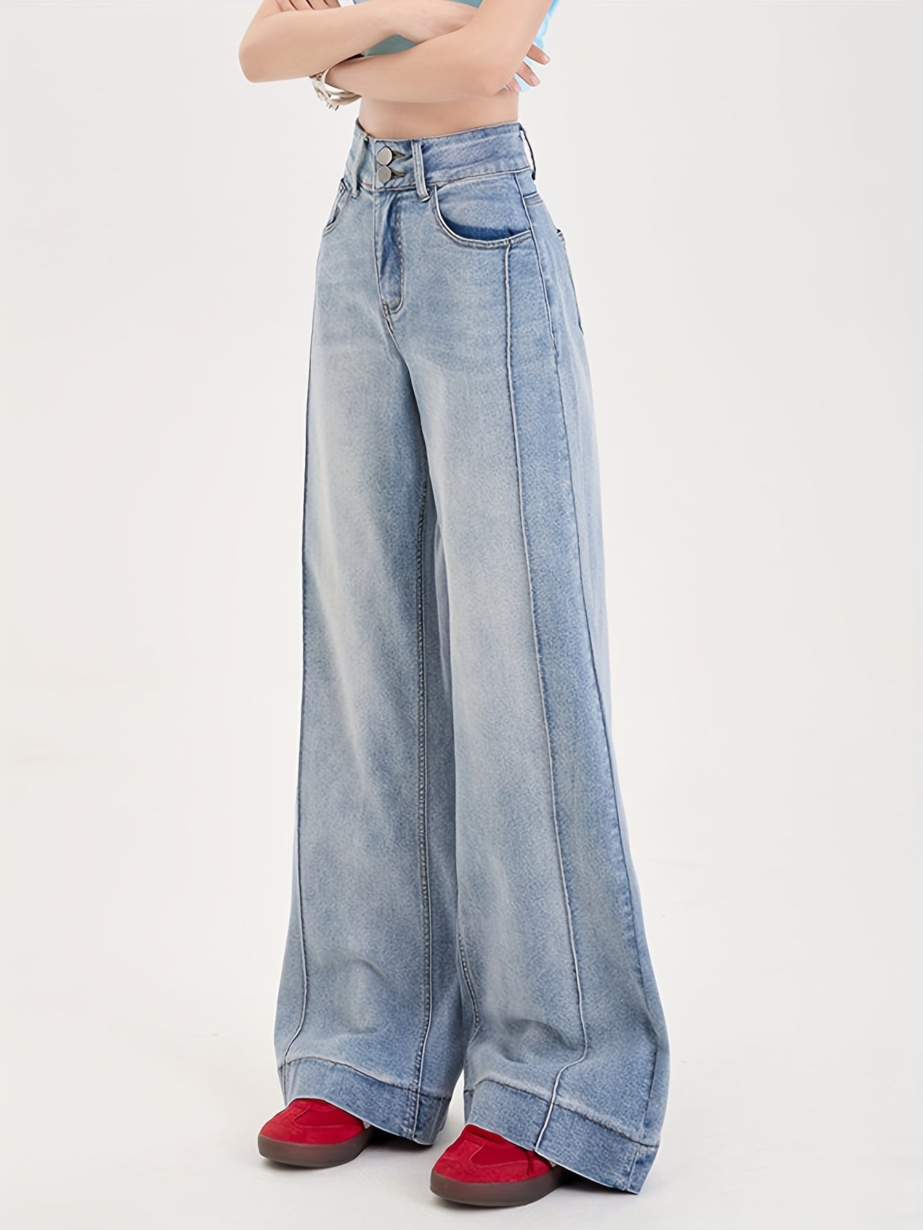 2025 New Season Women's Relaxed Fit Wide Leg Denim Jeans - Soft Stretch Vintage Streetwear Style Pants with Subtle Embroidery & Light Distressing, Machine Washable for Spring Summer Fall Casual Comfort, Everyday Fashion, Stretchy Fabric