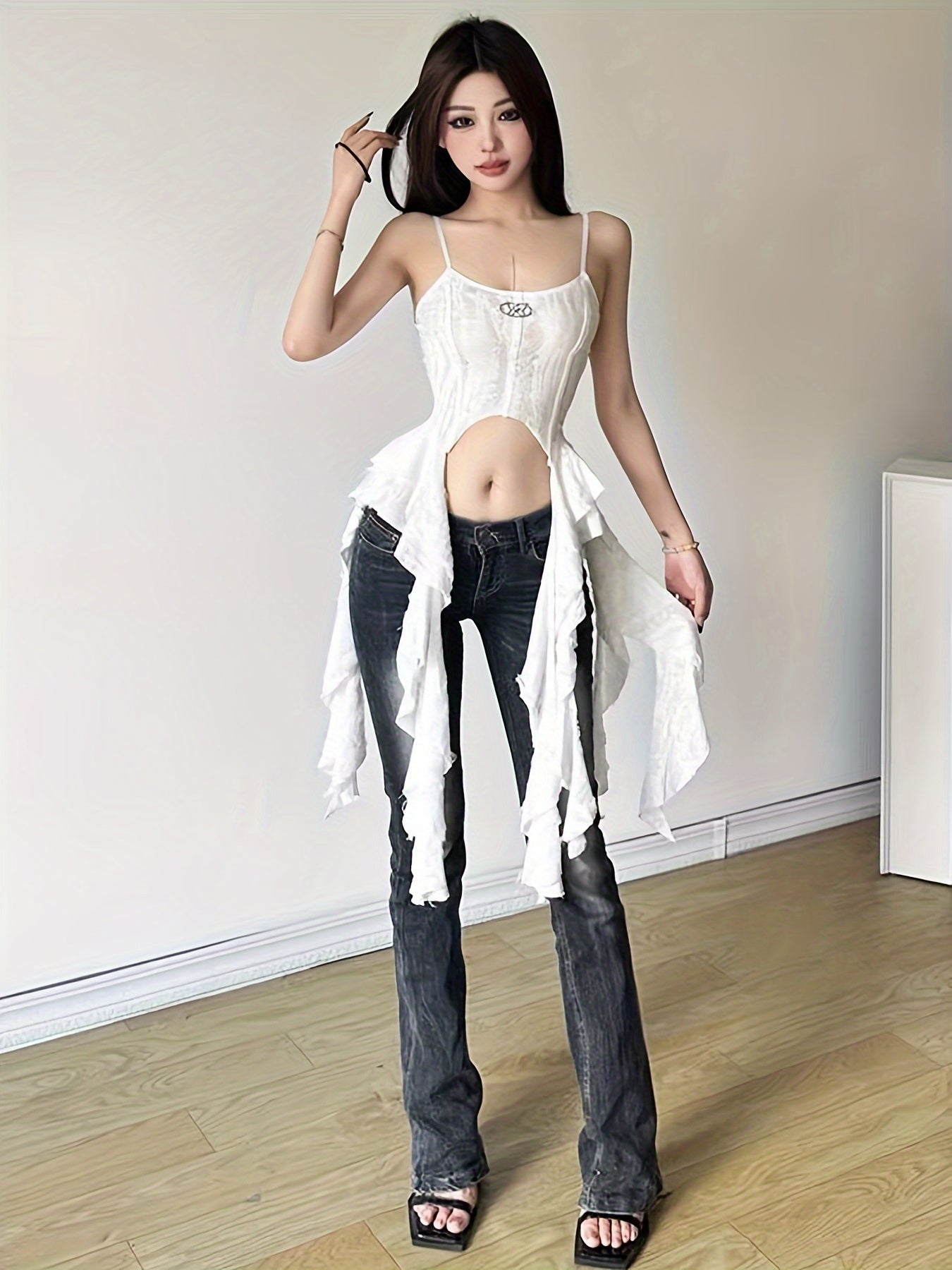 Y2K Women's Sleeveless Backless Camisole Tank Top with Ripped Metal Decor & Ruffled Hem - Solid Color Summer Vest, Machine Washable, Trendy Outfit | Decorative Metalwork | Denim Wash Fabric, Ladies Tank Tops