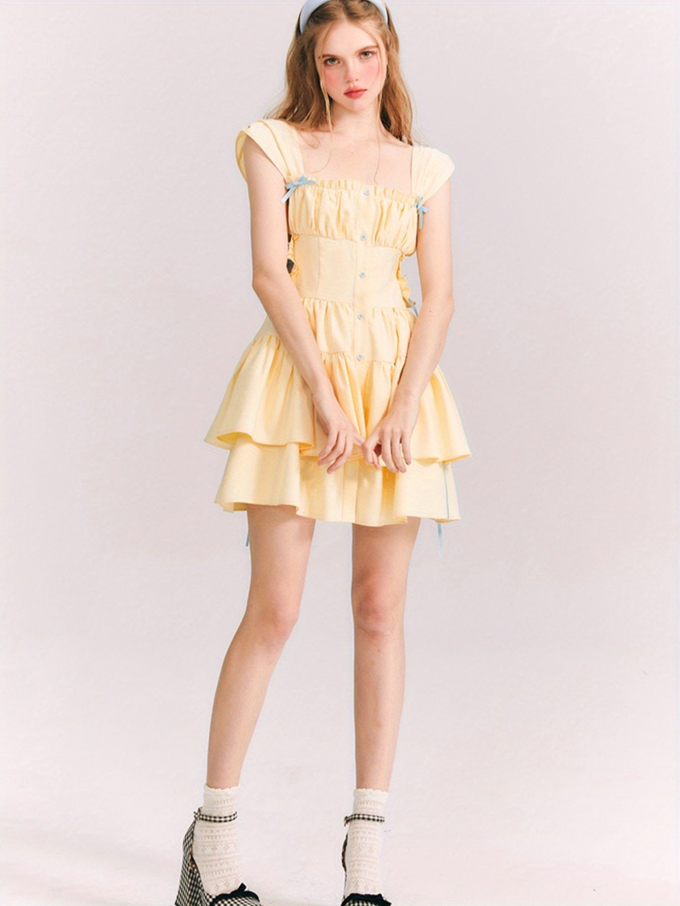 Los Angeles Dopamine Yellow Bow Princess Dress with Ruffled Skirt and Lace Detail - Sleeveless Mini Dress for Women, Perfect for All Seasons, Elegant and Chic Style, Cute Dress