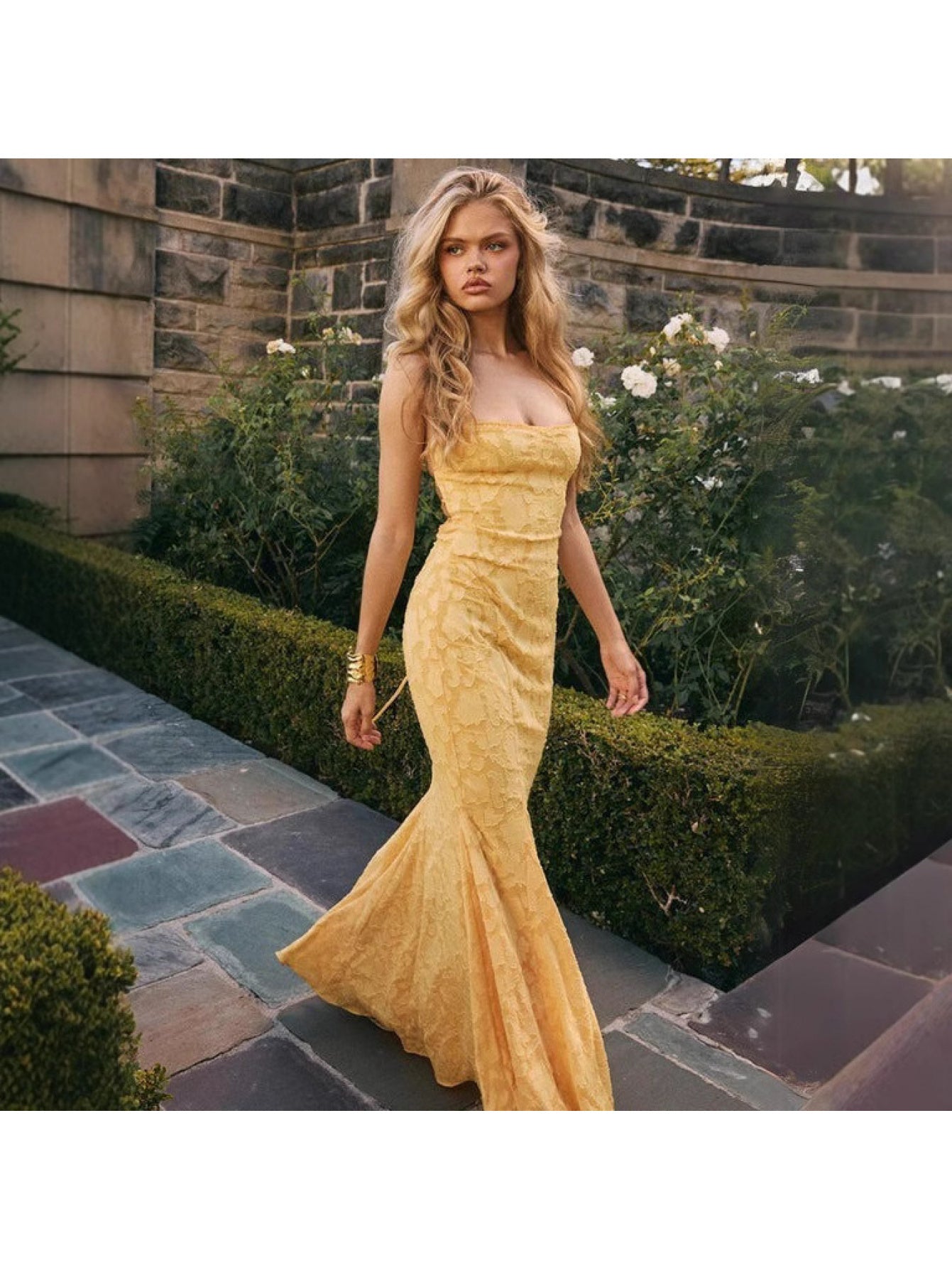 Sexy Strapless Slim Fit Lace Embossed Jacquard Fish Tail Long Dress - Y2K Style, Sleeveless V-Neck, Bodycon Silhouette, Solid Color, Perfect for Adult Women, Summer Fashion, Elegant Evening Wear | Y2K Fashion | Lace Detailing, Lace Dress