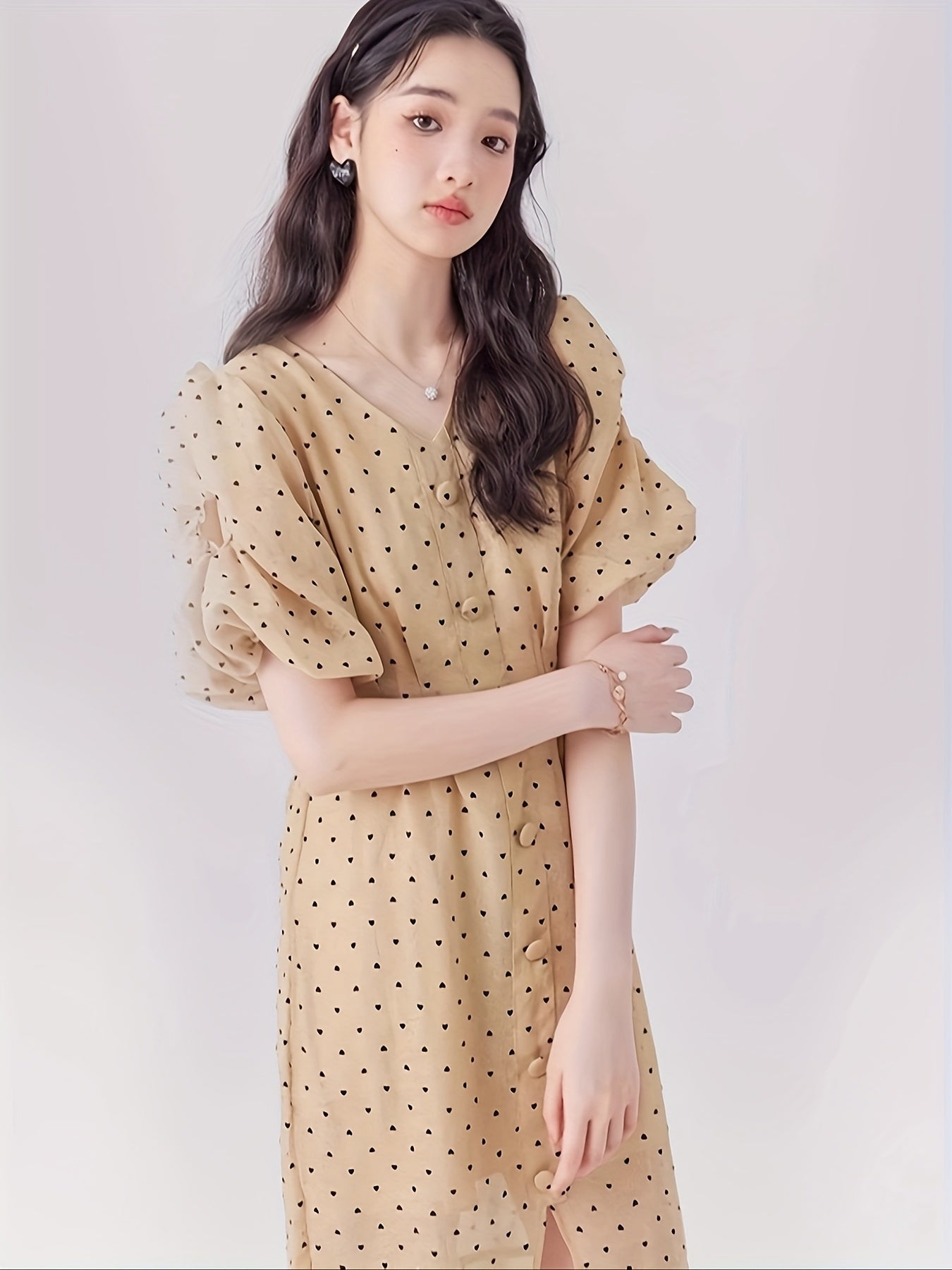 Elegant French-Inspired V-Neck Polka Dot Dress with Puff Sleeves - High Waist, Flowy Summer Dress for Women, Beige, Retro Style, Elegant Event Wear | Frenchinspired Dress | Polyester Fabric