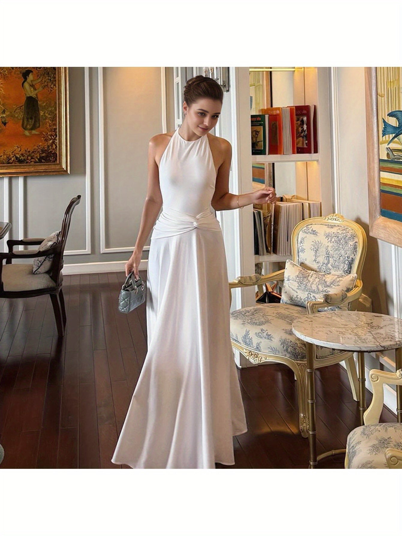 Elegant Women'S Halter Neck Backless Ruched Waist Dress - Sleeveless, Long Flowing Skirt, Solid Color, Perfect for Spring\u002FSummer\u002FFall, Formal Event Attire, Formal Event Dress | Sleeveless Fashion | Ruched Waist Design, Cute Dresses