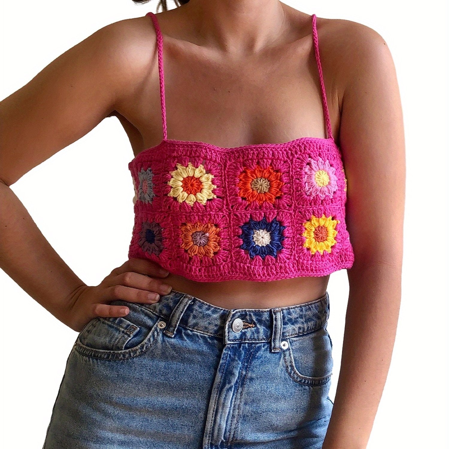 Women's Floral Print Knit Camisole Top - Backless Spaghetti Strap Semi-Sheer Summer Clubwear, Machine Washable Sexy Party & Casual Tops, Crochet Texture