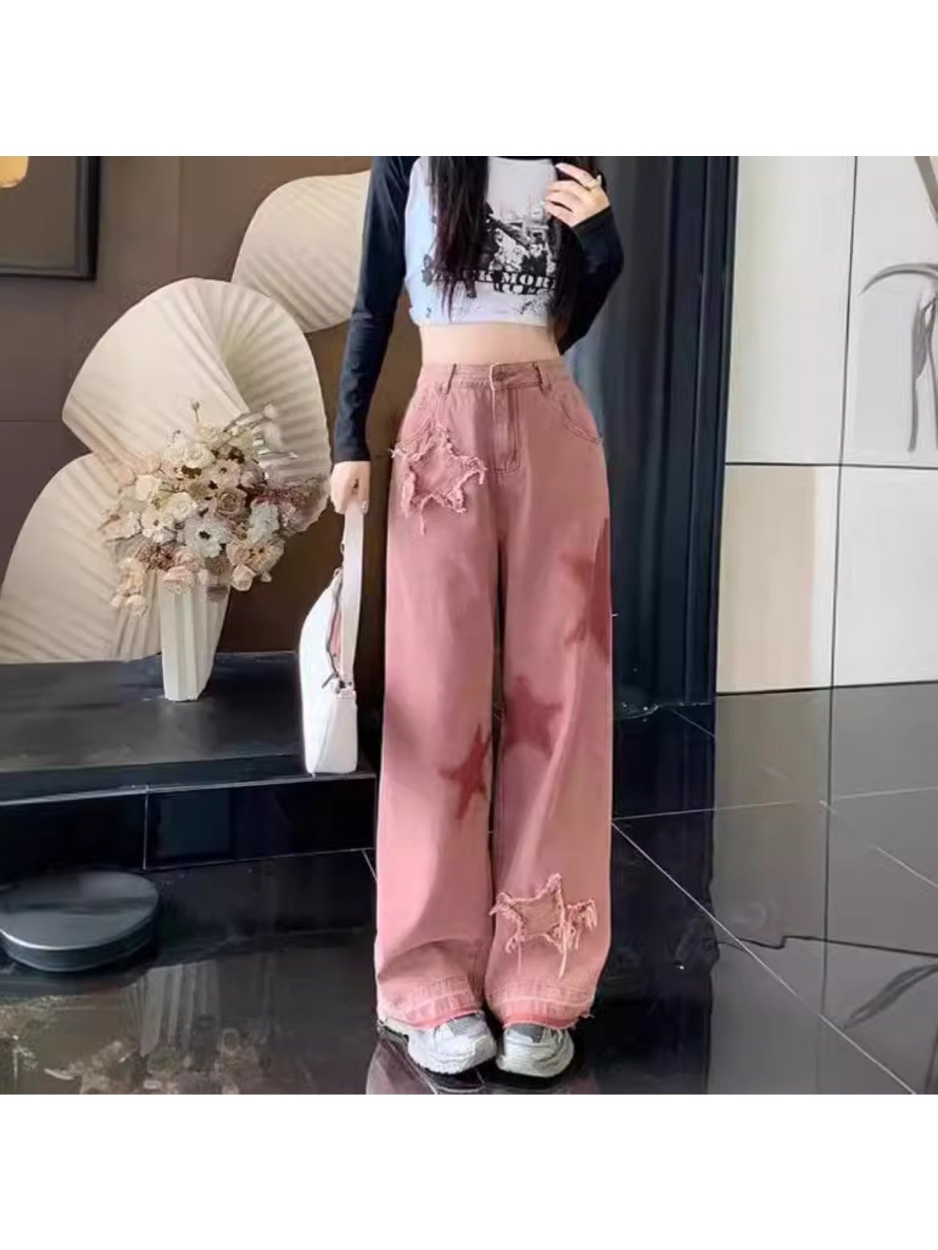 Women's Retro Star Embroidered Color-Block Jeans, Loose Fit with Frayed Hem, Pink & White Two-Tone Design, Versatile Streetwear Style, 100%, Machine Washable, Relaxed Fit Pants | Twotone Denim | Side Pockets Style