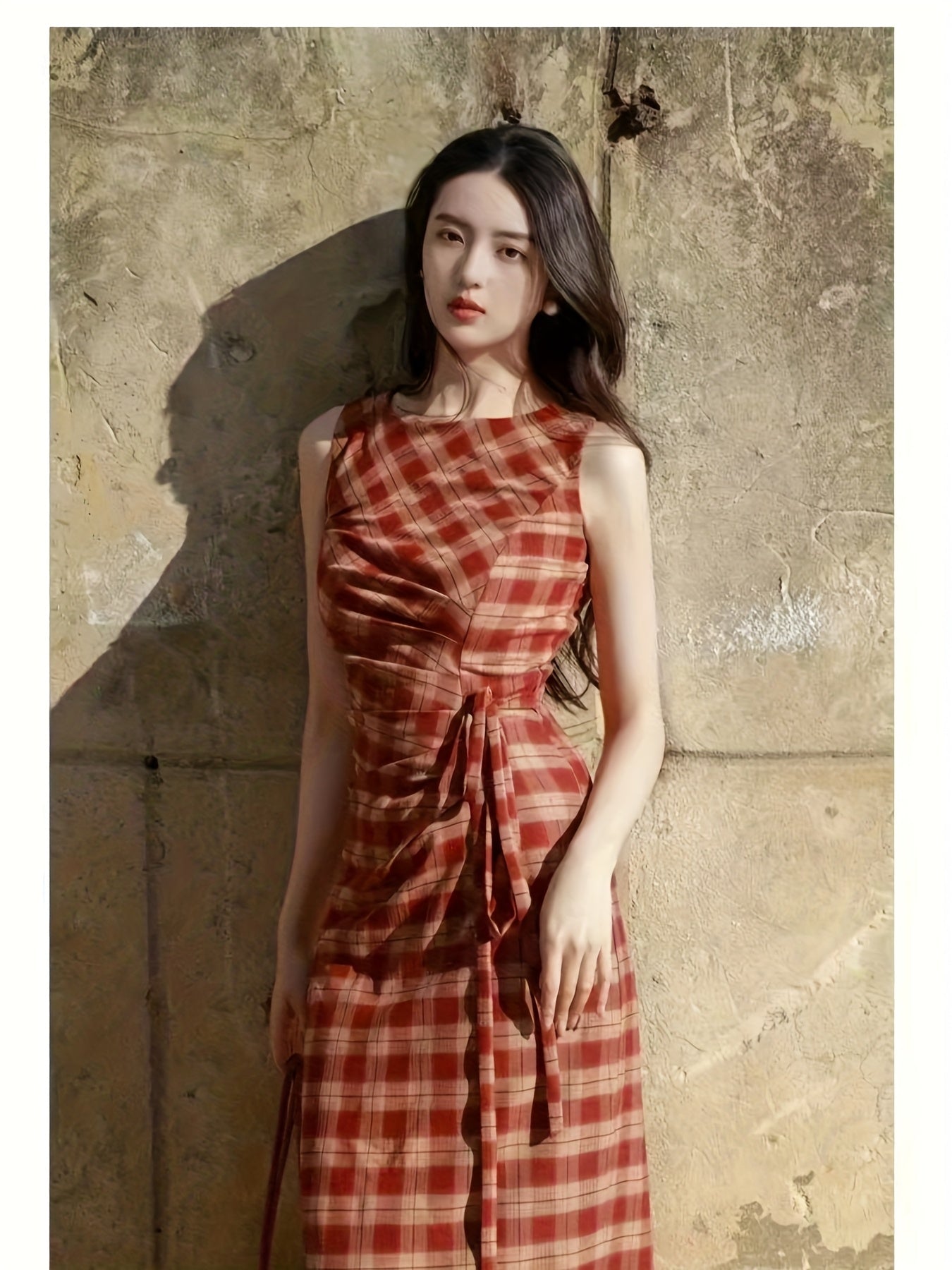 Vintage Red Plaid Dress for Women - Sleeveless A-Line Mini with Tie-Waist, First Love Sweetness for Spring\u002FSummer\u002FFall, Elegant Gathered Waist & Fluttering Arms, Perfect for Casual or Chic Outfits, Cute Dress
